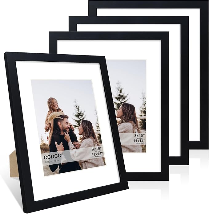 11x14 Picture Frame Set of 4, 11 x 14 Wood Photo Frames with Mat for 8x10, Wooden Frame with Real Glass Cover for Wall and Tabletop Display,Black-Ruum Studio Home