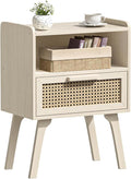 Lerliuo Rattan Nightstand, Side Table with Drawer Open Shelf, Cane Accent Bedside End Table with Solid Wood Legs, Mid Century Modern Night Stand for Bedroom, Dorm and Small Spaces (Grey White)-Ruum Studio Home