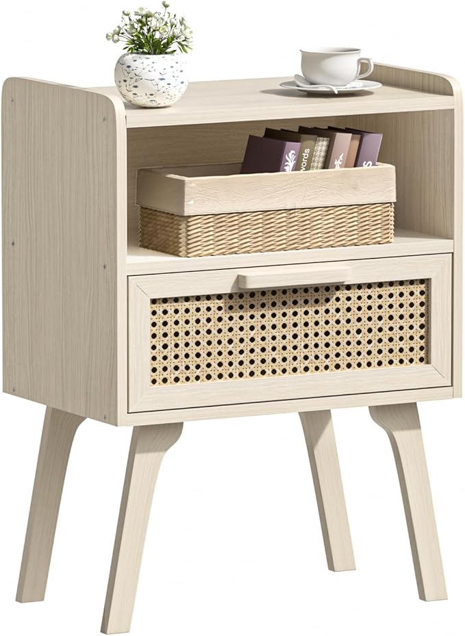Lerliuo Rattan Nightstand, Side Table with Drawer Open Shelf, Cane Accent Bedside End Table with Solid Wood Legs, Mid Century Modern Night Stand for Bedroom, Dorm and Small Spaces (Grey White)-Ruum Studio Home