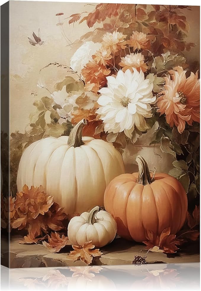 AbcCustomize Vintage Pumpkin Floral Wall Art Decor, Rustic Fall Daisy Flowers Canvas Print for Farmhouse Autumn Decor, Thanksgiving Decorations for Living Room Kitchen Dining Room, Ready to Hang-Ruum Studio Home