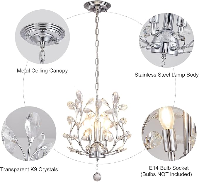 Ganeed 3-Light Branch Crystal Chandelier, Small Flush Mount Vintage Pendant Hanging Lighting, K9 Crystal Farmhouse Ceiling Light for Dining Room Bedroom Living Room Kitchen Hallway, Chrome Silvery-Ruum Studio Home