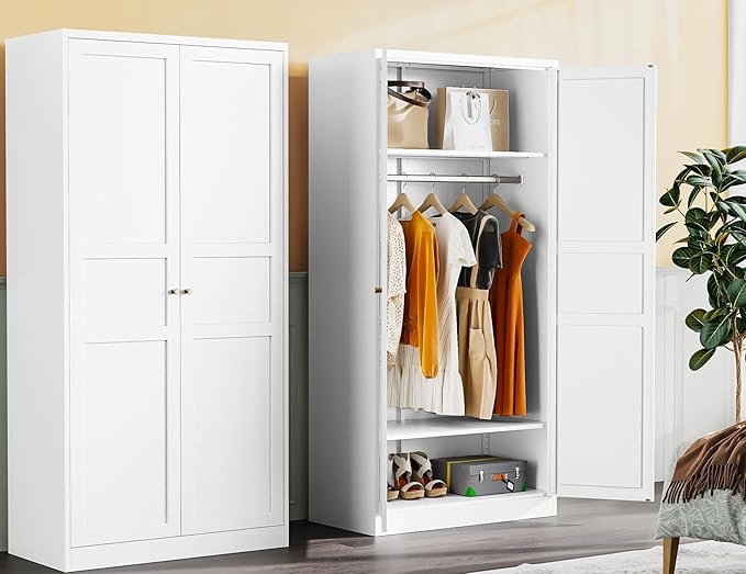 Metal Wardrobe Cabinet with Hanging Rod,White Armoire Wardrobe Closet,Metal Clothing Storage Cabinet with Adjustable Shelves and Doors,72" Wardrobes Storage Cabinet for Home,Living/Laundry Room-Ruum Studio Home