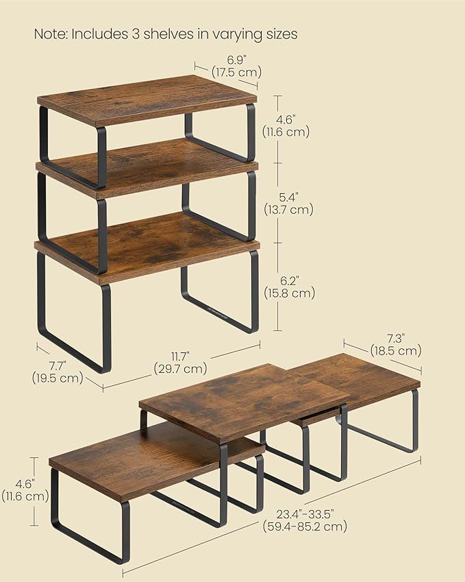 SONGMICS Cabinet Organizer Shelf, Set of 3 Kitchen Counter Shelves, Kitchen Storage, Spice Rack, Stackable, Expandable, Rustic Brown and Matte Black UKCS220K02-Ruum Studio Home