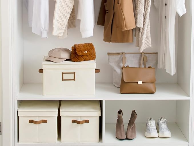 StorageWorks Storage Bins with Lids, Decorative Storage Boxes with Lid and PU Handles, Foldable Storage Baskets for Closet, Shelves, Stackable, Ivory, Jumbo, 3-Pack-Ruum Studio Home