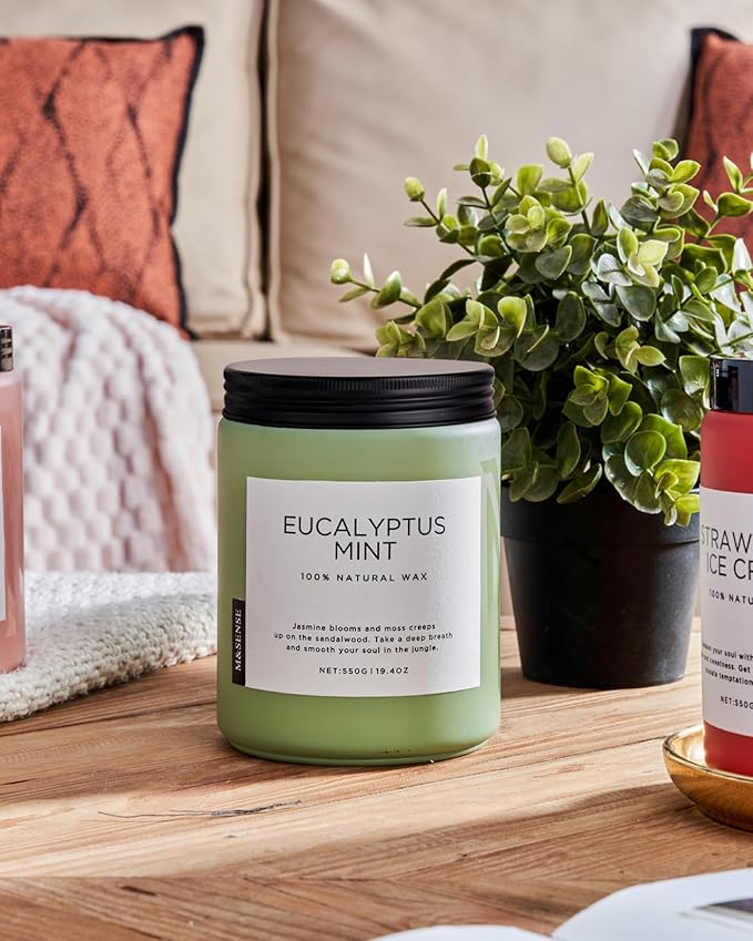M&SENSE Eucalyptus & Mint Candles for Home Scented, 19.4oz 110 Hours Burn Soy Aromatherapy Candle Gift for Stress Relief, Meditation, Yoga, Relaxing SPA, Natural Soy Wax for Men and Women-Ruum Studio Home