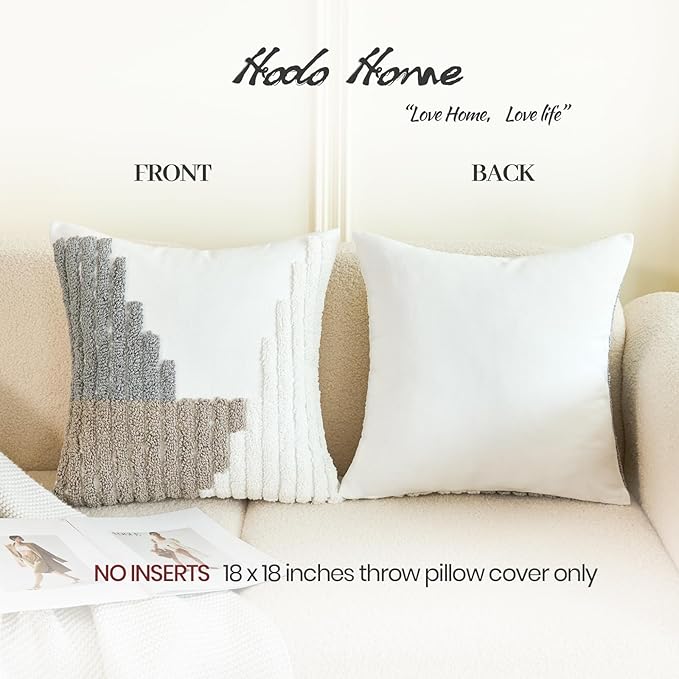 HOdo Home 18x18 Throw Pillow Covers, 2PCS Tufted Boho Jacquard Pillow Covers,Farmhouse Decorative Pillow Cover,Pillow Cases for Couch Sofa Bed Stylish Decor, Simple Textured Cushion Sham-Ruum Studio Home
