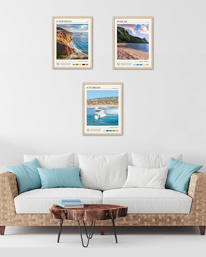 HesenDot Natural OAK Wood San Diego Surfing Framed Wall Art,12x16in Natural Seascape Canvas Wall Print,Classic Urban Landmark Wall Decor for Living Room,Bedroom,Office Gallery Gifts Set of 1-Ruum Studio Home