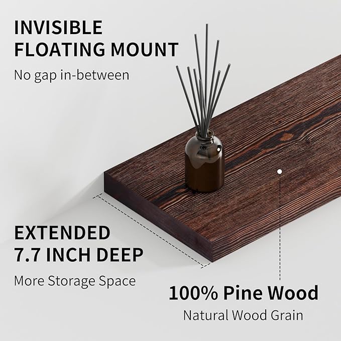 SAUMONIERES Floating Shelves 8 Inch Deep Solid Wood Wide Wall Shelf Set of 1 Wall Mounted for Bedroom Bathroom Living Room Kitchen, 48 Inch Walnut-Ruum Studio Home