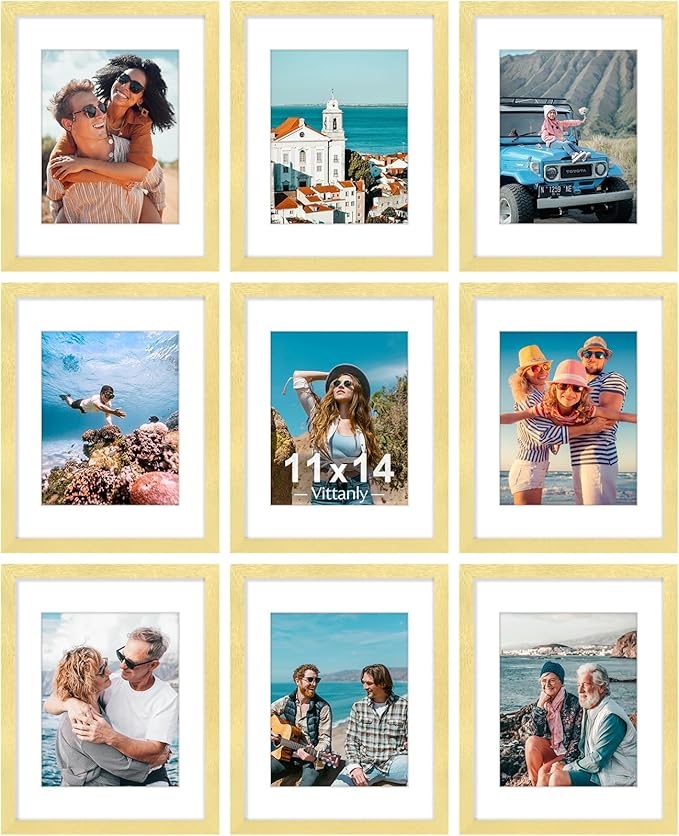 Vittanly 11x14 Picture Frames Set of 9, Shatter Resistant Plexiglass, Display 8x10 Pictures with Mat or 11x14 without Mat, Photo Frames for Wall or Tabletop, Engineered Wood, Gold-Ruum Studio Home