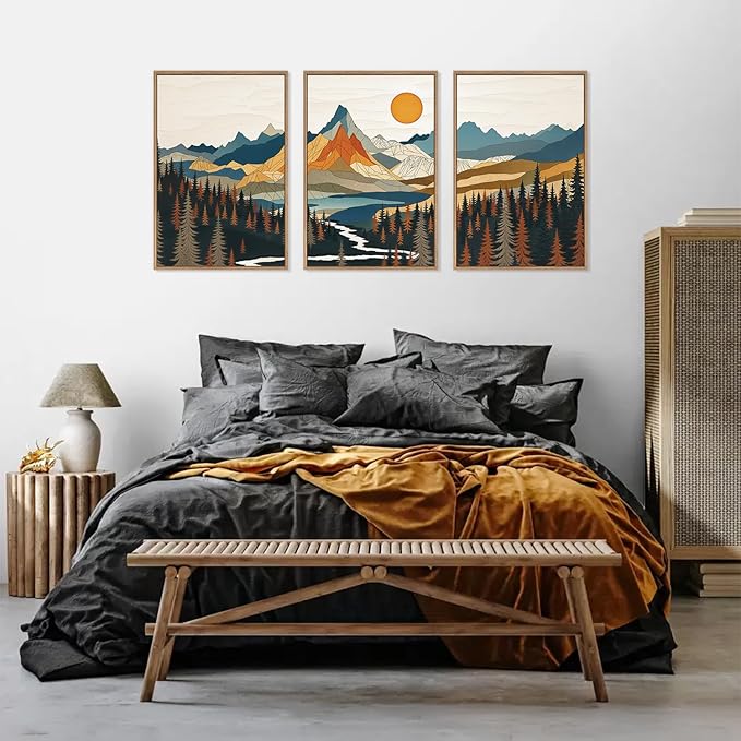 HLNIUC Large Sunset Mountain Framed Wall Art,Boho Forest Pine Tree Canvas Wall Decor Set of 3(16”X24”) Blue and Orange Landscape Art Print,Colorful Mountain Lake Wall Painting for Living Room,Bedroom-Ruum Studio Home