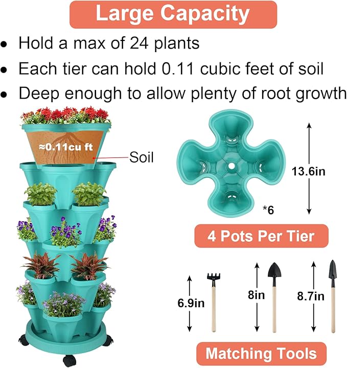 Vertical Planter 6 Tier Stackable Planters Garden Planters Strawberry Herb Flower and Vegetable Planter Indoor Outdoor Gardening Pots with Removable Wheels and Tools-Ruum Studio Home