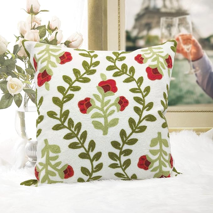 Alysheer Floral Embroidered Summer Decorative Throw Pillow Cover 18"x 18", Farmhouse Cottage Red Flowers Green Leaves Knit Pattern Cotton Canvas Cushion Case for Sofa Couch Bed Living Room Decor-Ruum Studio Home