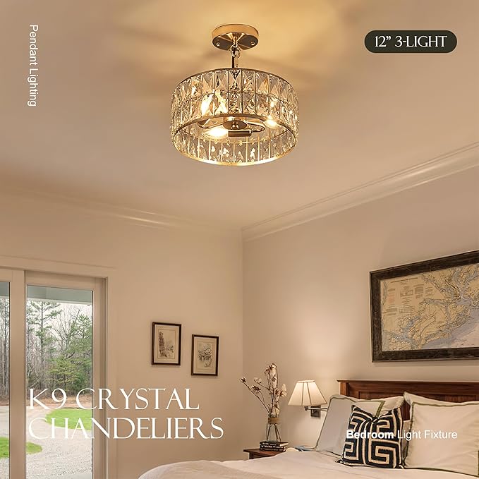 12” 3-Light Modern Crystal Chandeliers Nickel Dinning Room Light Fixture, Round Pendant Light Kitchen Island Chandelier, Flush Mount Ceiling Light for Living Room Entryway Bedroom Foyer-Ruum Studio Home