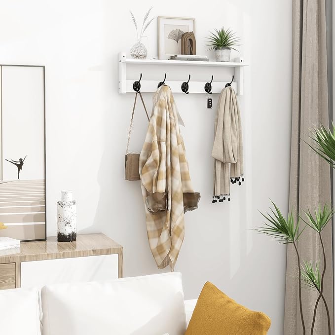 Homode Coat Rack with Wall Shelf and Hooks - 24 Inch Long, Wooden Hanging Coat Hanger with Hat Shelf for Entryway, Bathroom, Mudroom, White-Ruum Studio Home