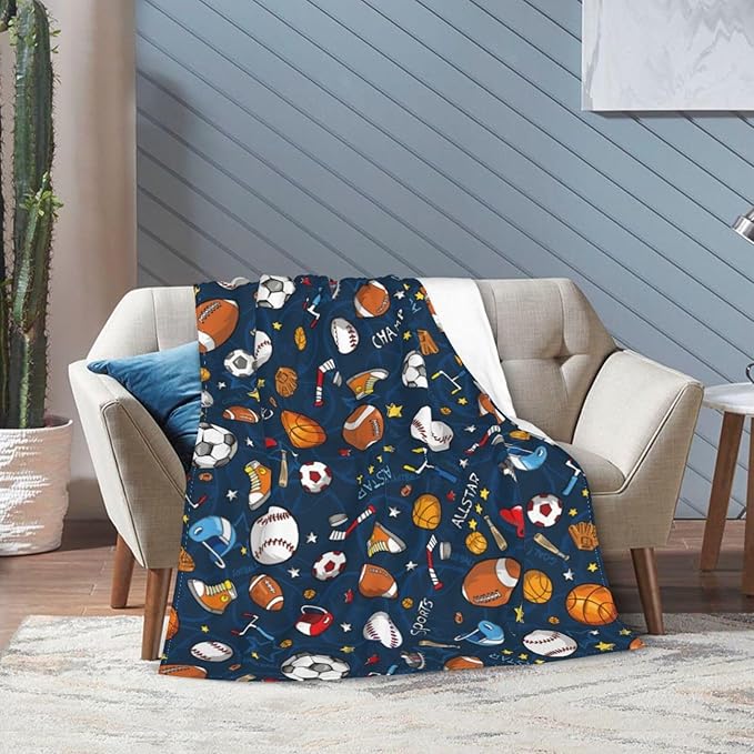 Baseball Football Basketball Sport Theme Throw Blanket 60x50 Inch Soft Fleece Blanket Men Women Gift for Kids Boys Girls for Party Couch Sofa Bed Deco Blankets-Ruum Studio Home