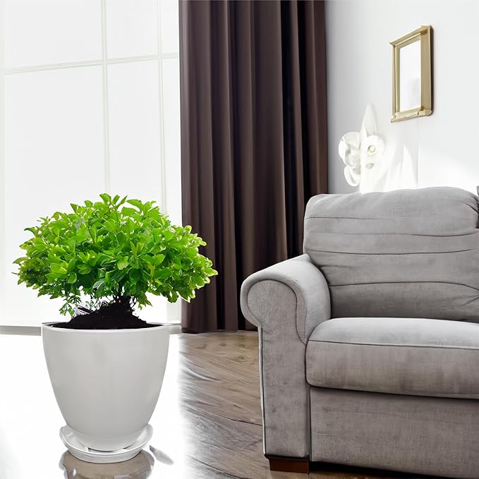 FixtureDisplays® 9.8" Diameter 11" Tall White Plant Pots, Plastic Flower Pots with Drainage Holes and Saucers for Indoor and Outdoor 15747-NF-Ruum Studio Home