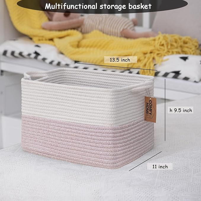 COMFY-HOMI 3PACK Cotton Rope Square baske with Handles for Shelves|Dog Toy baske Bin and Storage|Baby baske for Gift|Shoe baske for Organizing|13.5" x 11" x 9.5" for Living Room（White/Pink）-Ruum Studio Home