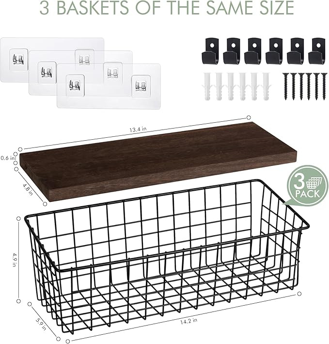 Wall Hanging Baskets 3 Pack, Extra Large Diversified Wire Basket Shelves of Wooden Style, with Wall Mounted Hooks & Traceless Stickers, for Kitchen Coffee Bar Office Room Garage Storage Organization-Ruum Studio Home