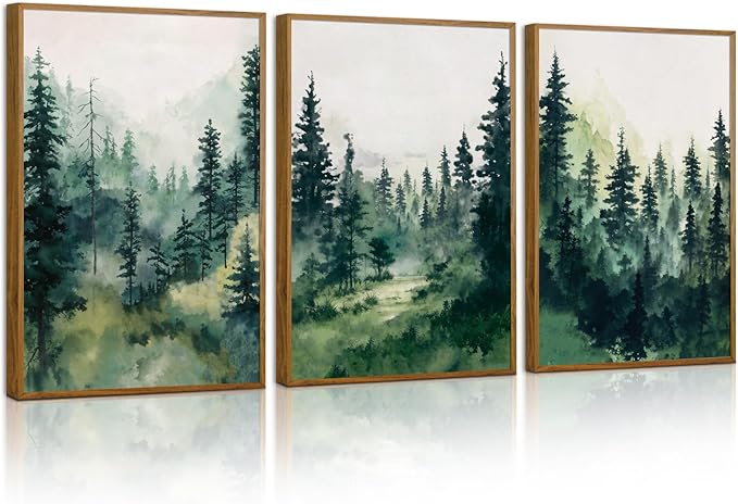 Tinonedraw Watercolor Forest Framed Canvas Wall Art Set, Modern Pine Tree Wall Painting, Nature Foggy Landscape Wall Decor, Misty Mountain Art Prints for Bedroom Living Room Farmhouse Office 16"x24"x3-Ruum Studio Home