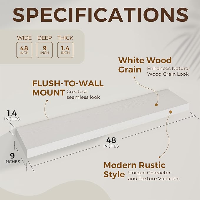 48 inch Floating Shelves for Wall Large Wall Mounted Shelves with Invisible Brackets, White Long Shelves for Bathroom, Living Room, Kitchen, Office, 48x9.1 inch deep Set of 2-Ruum Studio Home