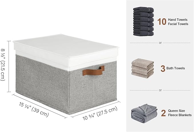 StorageWorks Large Storage Bins with Lids, Decorative Storage Boxes with Lid and PU Handles, Foldable Storage Baskets for Closet, Shelves, Stackable, Gray and White, 3-Pack-Ruum Studio Home