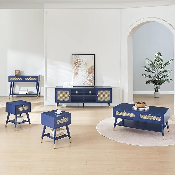 Mid Century Modern Entertainment Center, Blue TV Stand for TVs up to 75", Boho Tv Furnitures with Storage Cabinet and Shelves, Tv Console Media Center with Gold Metal Mesh Doors for Living Room-Ruum Studio Home