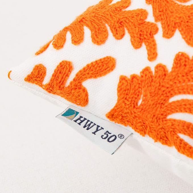 HWY 50 Orange Fall Decorative Throw Pillow Covers 18x18 Inch (1 Piece), Embroidered Cotton Farmhouse Cushion Cover Pillow Case for Sofa Couch Living Room Bed Bedroon, Floral Branches-Ruum Studio Home