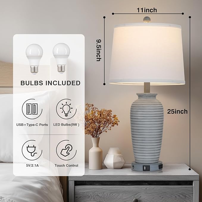 25" Farmhouse Jar Table Lamp Set of 2 Vintage Rustic Lamps for Living Room, Resin Bedside Nightstand Lamps with Linen Lampshades, Retro Pot Lamp for Living Room, Bedroom(LED Bulbs Included)-Ruum Studio Home