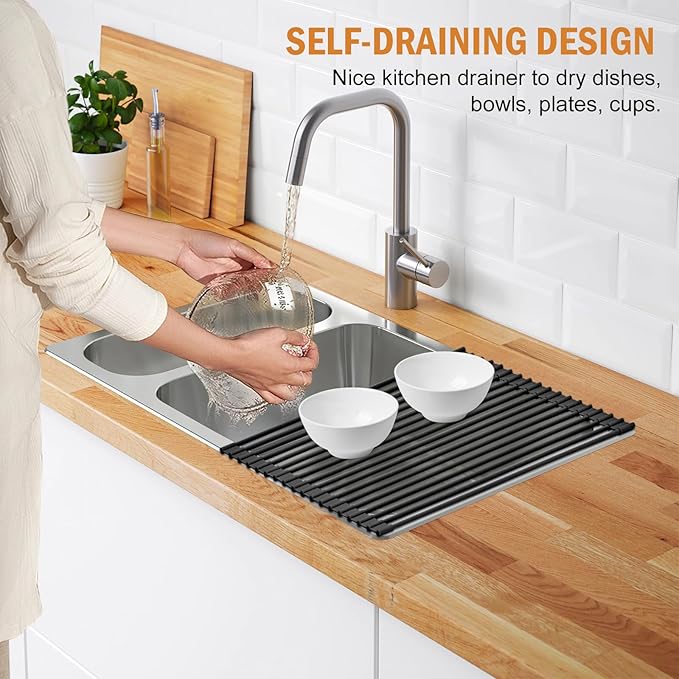 LEMIKKLE Roll Up Dish Drying Rack 17" x 13", Over The Sink Dish Drainer Rack, Foldable Sink Drying Rack, Anti-Slip Silicone Wrapped Dish Drainer for Kitchen Counter (Black)-Ruum Studio Home