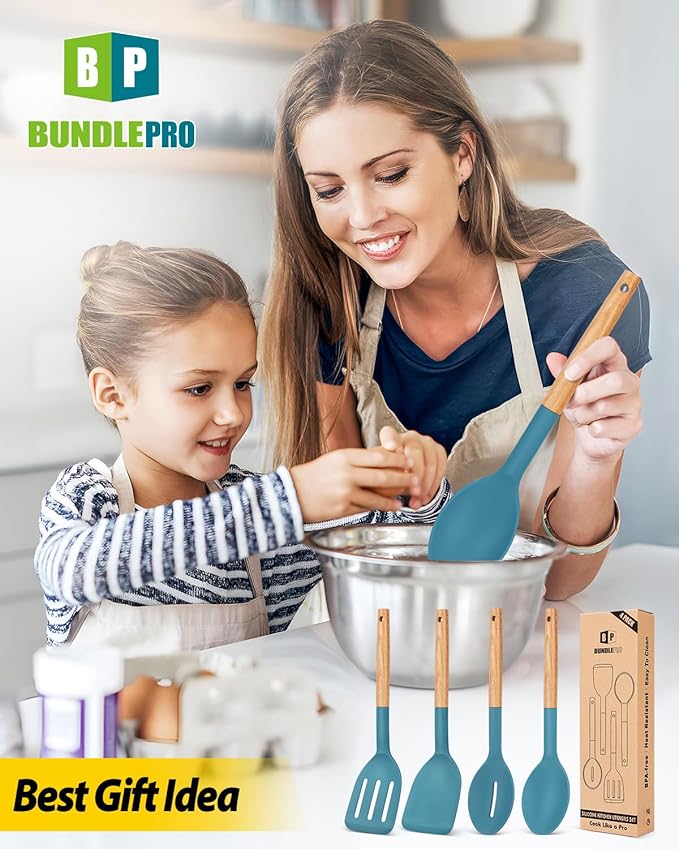 Pack of 4 Silicone Cooking Utensils Set, Non Stick Solid Spatulas and Heat Resistant Slotted Spoons with Wooden Handle, Ideal Wood Kitchen Utensils Set for Frying,Serving,Turning,Stirring (BLUE)-Ruum Studio Home