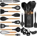 Silicone Cooking Utensils Set - Silicone Kitchen Utensils for Cooking Wooden Handles, 446°F Heat Resistant Kitchen Utensil Spatula Sets w Holder, Gadgets for Non-Stick Cookware BPA FREE (Black)-Ruum Studio Home