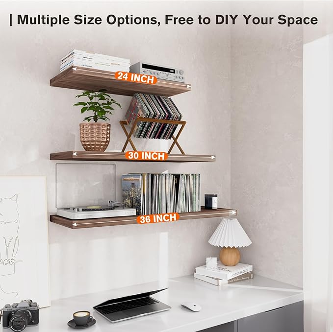 Wall Shelf Set of 2, Walnut Floating Shelves 24 in W x 10 in D x 1 in H, Wooden Floating Wall Shelf with Invisible Brackets for Living Room/Bedroom/Bathroom/Kitchen Storage and Decor-Ruum Studio Home