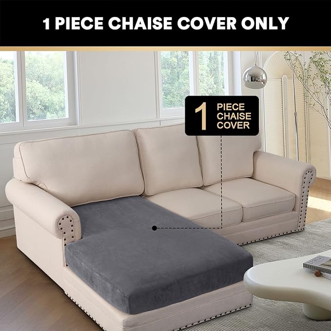 PrinceDeco Sectional Couch Covers Velvet Couch Cover for Dogs Washable L Shaped Couch Cover 1 Piece Individual Sectional Couch Covers with Elastic Bottom(Chaise Lounge,Grey)-Ruum Studio Home