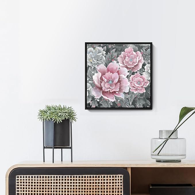 Pink Wall Art Bathroom Décor Modern Framed Floral Wall Picture Black and White Artwork Peony Flower Canvas Print for Bedroom Office Dining Room Décor Small-Ruum Studio Home