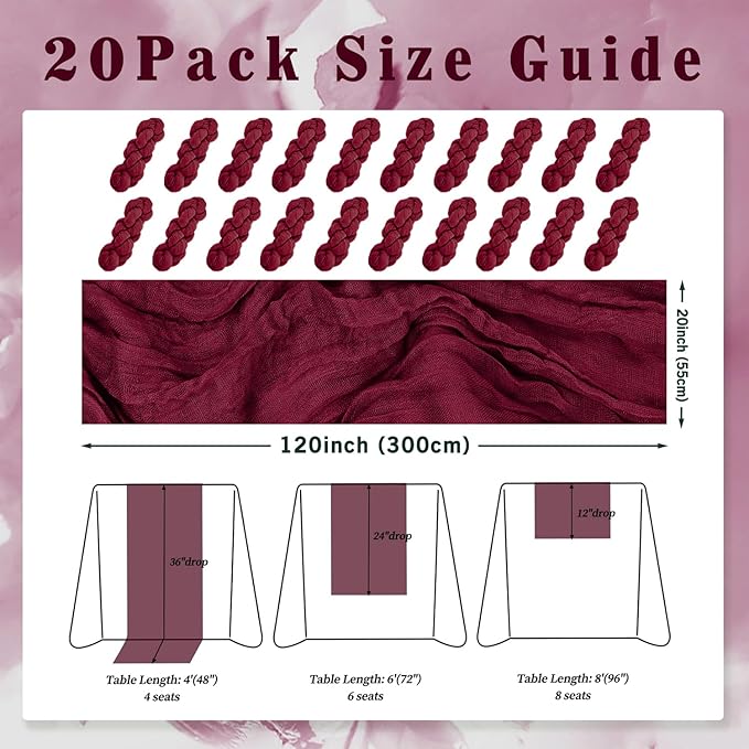 Burgundy 20 Pack Cheesecloth Table Runner 10FT Rustic Gauze Cheese Cloth Table Runner for Wedding Bridal Baby Shower Table Decor 20 x 120 Inch Long Boho Fabric Sheer Birthday Party Table Decorations-Ruum Studio Home