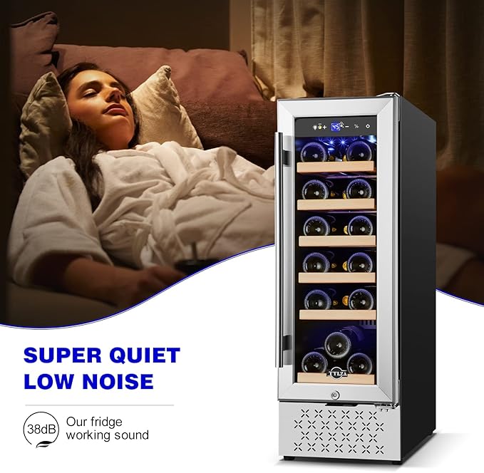 Tylza 12" Wine Cooler Refrigerator, 18 Bottle Wine Fridge Built-in or Freestanding with Stainless Steel & Double-Layer Tempered Glass Door, Compressor Fast Cooling, Low Noise and No Fog, Mini Fridge-Ruum Studio Home