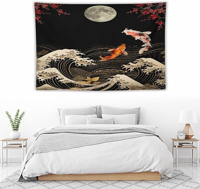 Houselerax Koi Fish Tapestry, Japanese Style Yin Yang Big Wave Cherry Blossom Tapestries Wall Hanging for Bedroom Living Room Office Decor 90"x60"-Ruum Studio Home