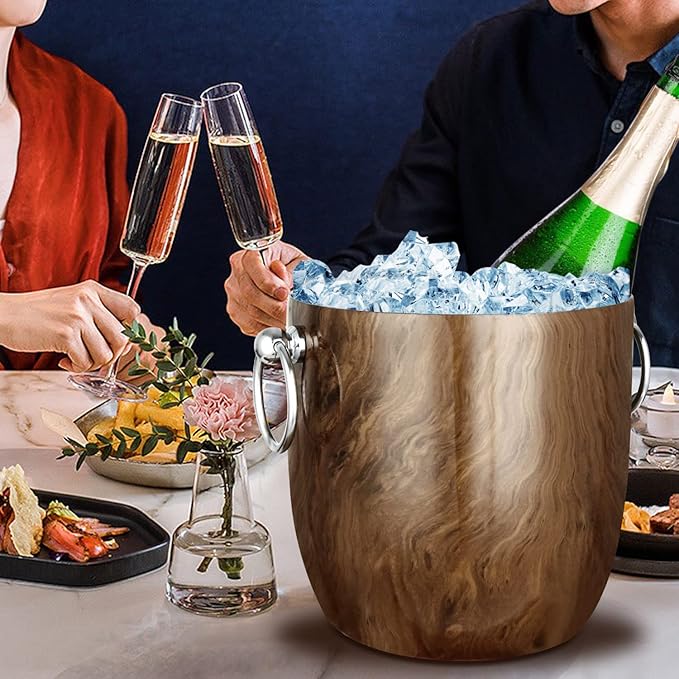 Ice Bucket with Lid, Scoop, Tongs and Strainer - Well Made Insulated Stainless Steel Keep Ice Frozen Longer - Ideal for Cocktail Bar, Parties, Chilling Wine, Champagne - 3 Liter (Teakwood)-Ruum Studio Home