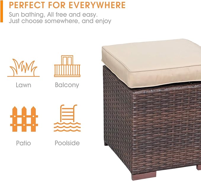Patiorama 2 Pieces Assembled Outdoor Patio Ottoman, Indoor Outdoor All-Weather Dark Brown Wicker Rattan Outdoor Footstool Footrest Seat with Beige Cushions, No Assembly Required-Ruum Studio Home
