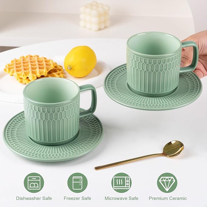 Large Cappuccino Cups with Saucers Set of 4, 8 Ounce Stackable Embossed Ceramic Coffee Mugs for Specialty Coffee Drinks, Latte, Cafe Mocha and Tea, Dishwasher & Microwave Safe (Green)-Ruum Studio Home
