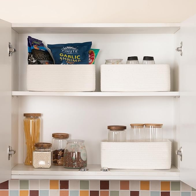 3 Pack Small Storage Baskets for Organizing, Cute Woven Decorative Gift Baskets for Shelves, Mini Closet Organizer Bins with Handles-13''Lx8.66''Wx5.11''H-White-Ruum Studio Home