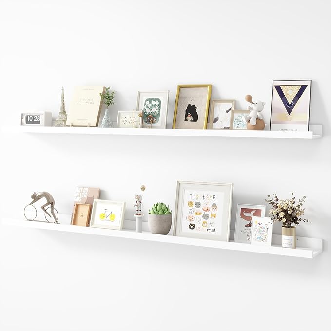 Picture Ledge Shelf, Wood Long Floating Shelves for Wall, Set of 2, 56 inch Picture Ledge Shelves, Photo Ledge Nursery Book Shelves Wall Mounted for Living Room Kids' Room Bedroom, Color White-Ruum Studio Home