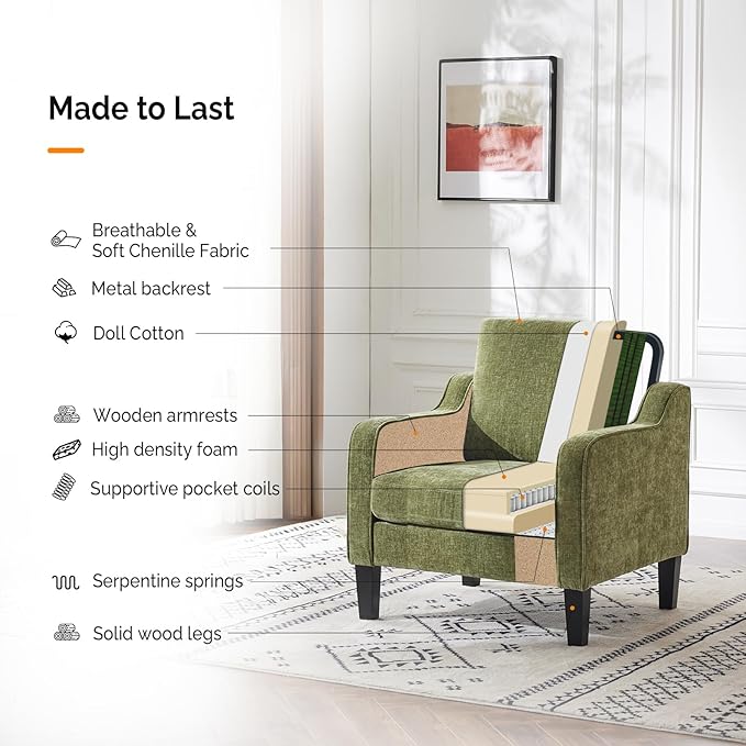 VINGLI Accent Chair for Living Room Chairs Olive Green Reading Chair for Bedroom Scooped Arm Chair Mid Century Modern Accent Chairs Upholstered Comfy Chair for Apartment, Waiting Room-Ruum Studio Home