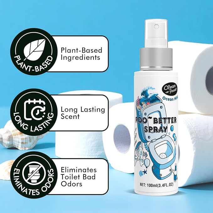 Clean-n-Fresh Toilet Spray, Ocean Mist, Air Freshener Bathroom Spray, Toilet Bathroom Odor Deodorizer, 6.8 Fl.Oz - Sea Salt, Jasmine & Bergamot-Ruum Studio Home