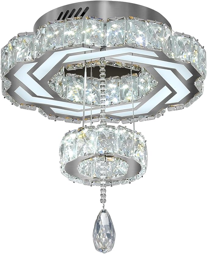 Flashing God Small Crystal Chandeliers Dia 12" Silver Chandelier Flush Mount Ceiling Light for Bedroom Living Room Dining Room Hallway Dimmable 3 Rings LED Celing Lighting Fixtures-Ruum Studio Home