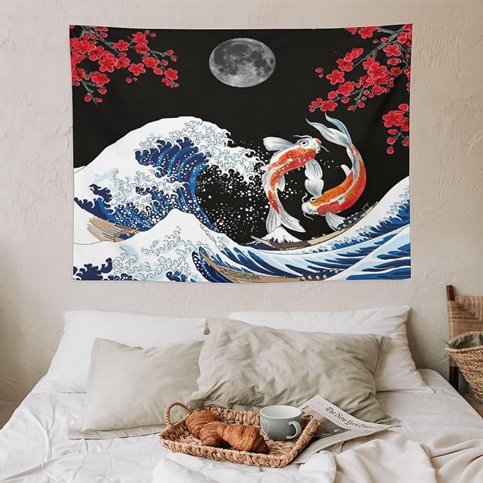 Houselerax Japanese Koi Fish Tapestry, Yin Yang Big Wave Red Cherry Blossom Tapestries Wall Hanging for Bedroom Living Room Office Decor 40"x30"-Ruum Studio Home