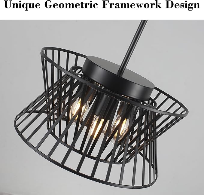 3-Lights Black Pendant Light Vintage Geometric Chandelier Light Fixture Adjustable Metal Lighting Fixtures for Kitchen Room Dining Room Foyer-Ruum Studio Home