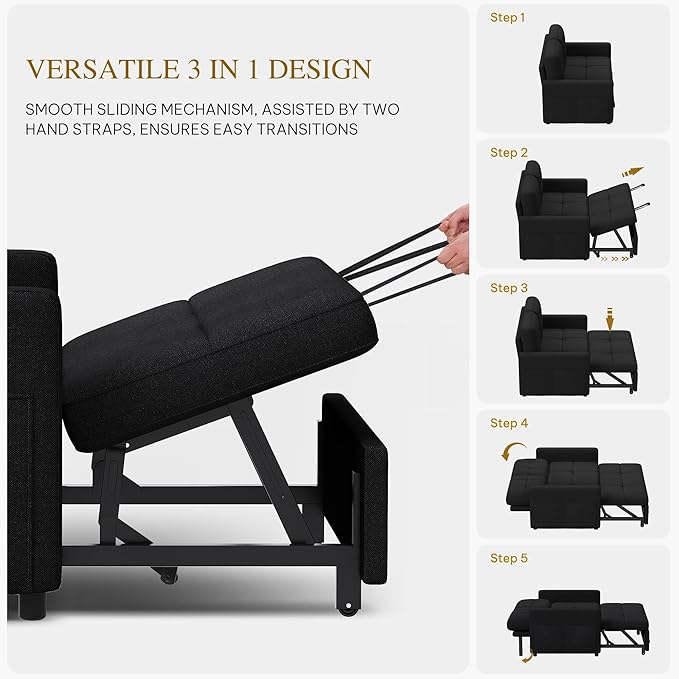 YITAHOME 55" Convertible Sofa Bed, 3-in-1 Sleeper Sofa with Iron Frame Pull-Out Bed, Linen Futon Couch with Reclining Backrest and Side Pocket, Modern Loveseat for Living Room Bedroom Apartment, Black-Ruum Studio Home
