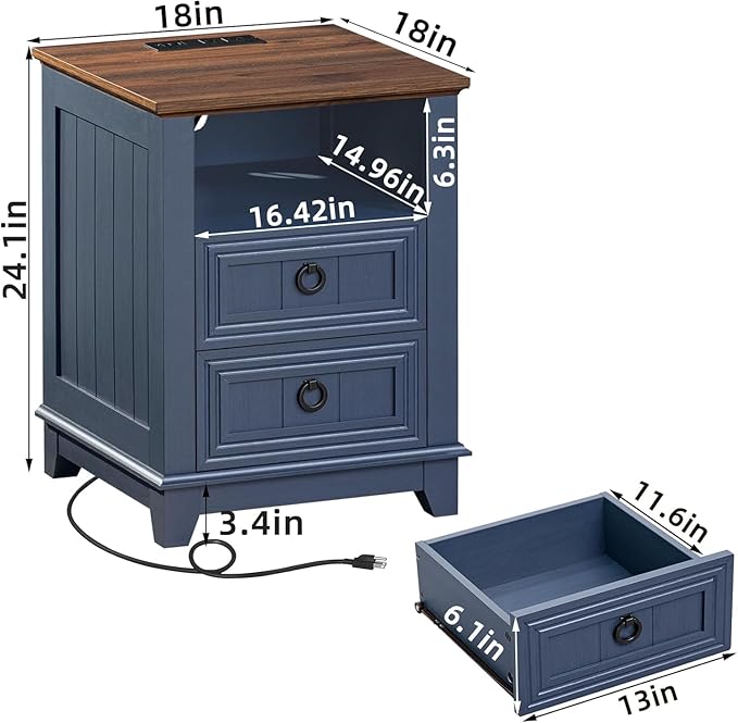 18" Farmhouse Night Stands Set of 2 with Charging Station, 2 & 3 Drawers End Table Dresser for Bedroom, Blue Wooden Nightstand, Bed Side Table with Open Shelf, Bedside Cabinet for Living Room-Ruum Studio Home