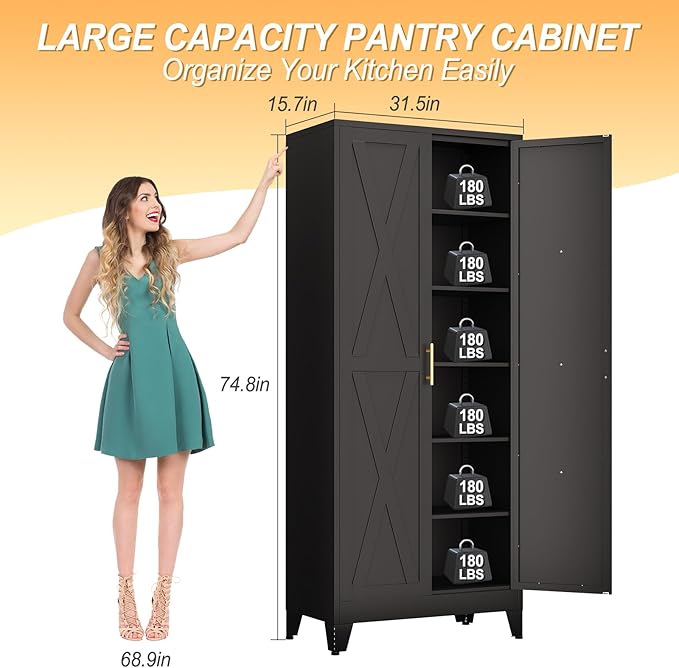 75" Tall Metal Kitchen Pantry Storage Cabinet, Freestanding Cupboard with 2 Doors and 5 Adjustable Shelves, Standing Storage for Kitchen, Bathroom, Garage, Dinning Room or Utility Room（Black）-Ruum Studio Home